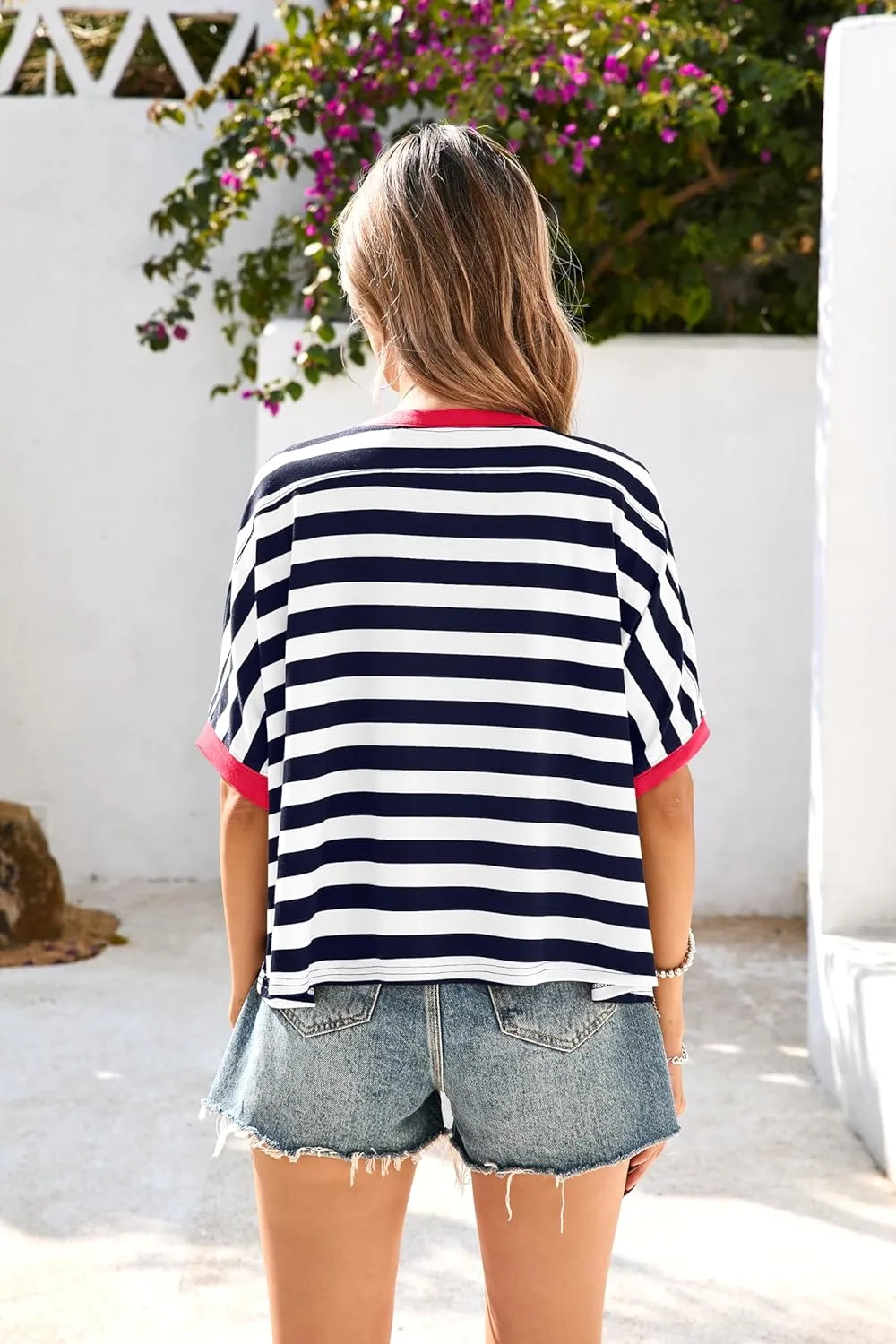 Iandroiy Tops for Women Striped 2025 Fashion T Shirts for Women Color Block Crewneck Design Loose Fit Basic Tee