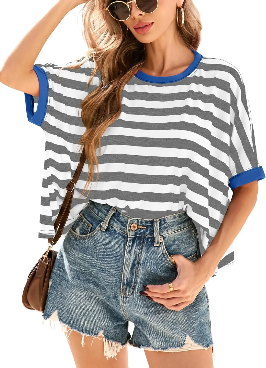 Iandroiy Tops for Women Striped 2025 Fashion T Shirts for Women Color Block Crewneck Design Loose Fit Basic Tee