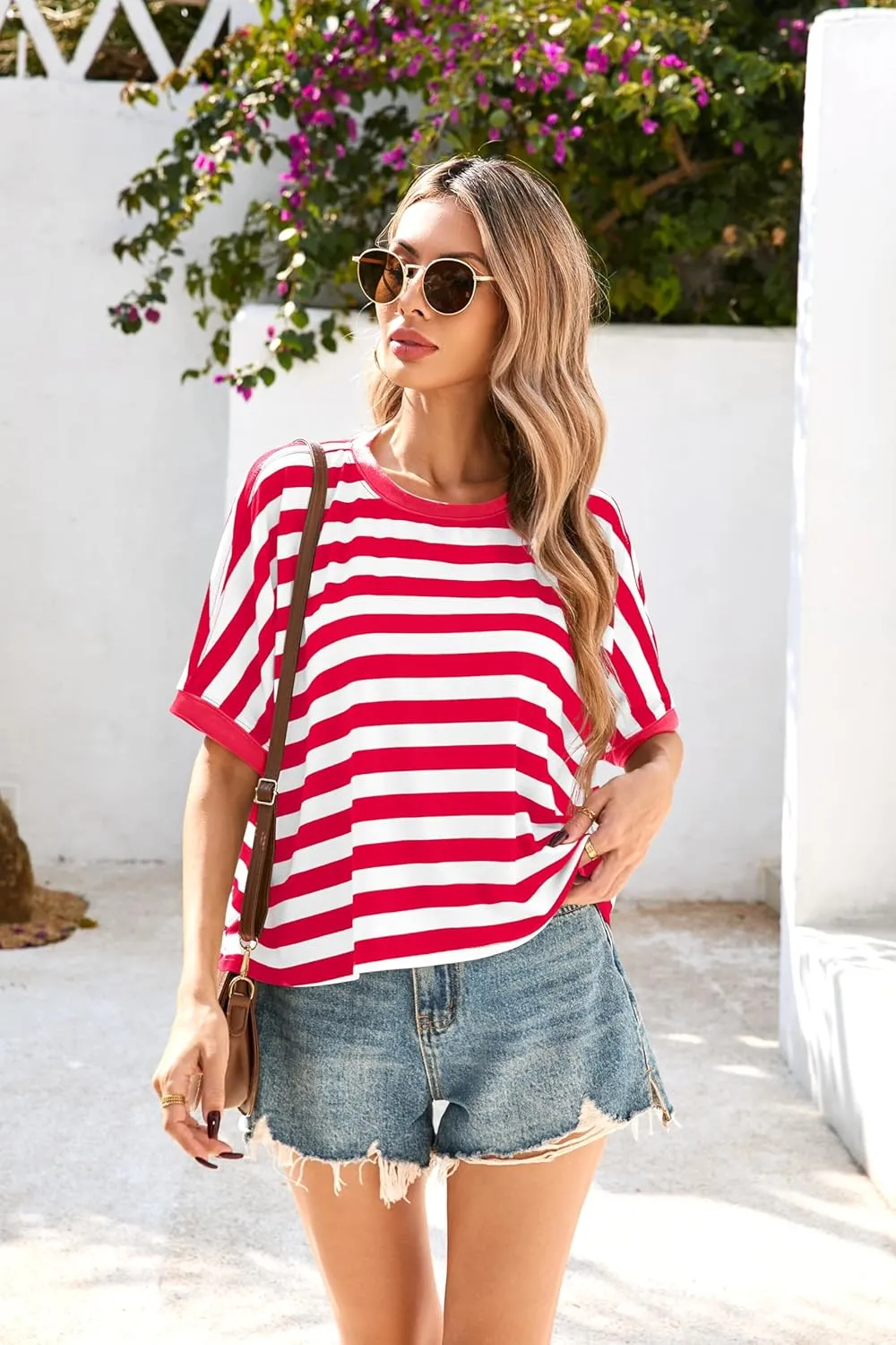 Iandroiy Tops for Women Striped 2025 Fashion T Shirts for Women Color Block Crewneck Design Loose Fit Basic Tee