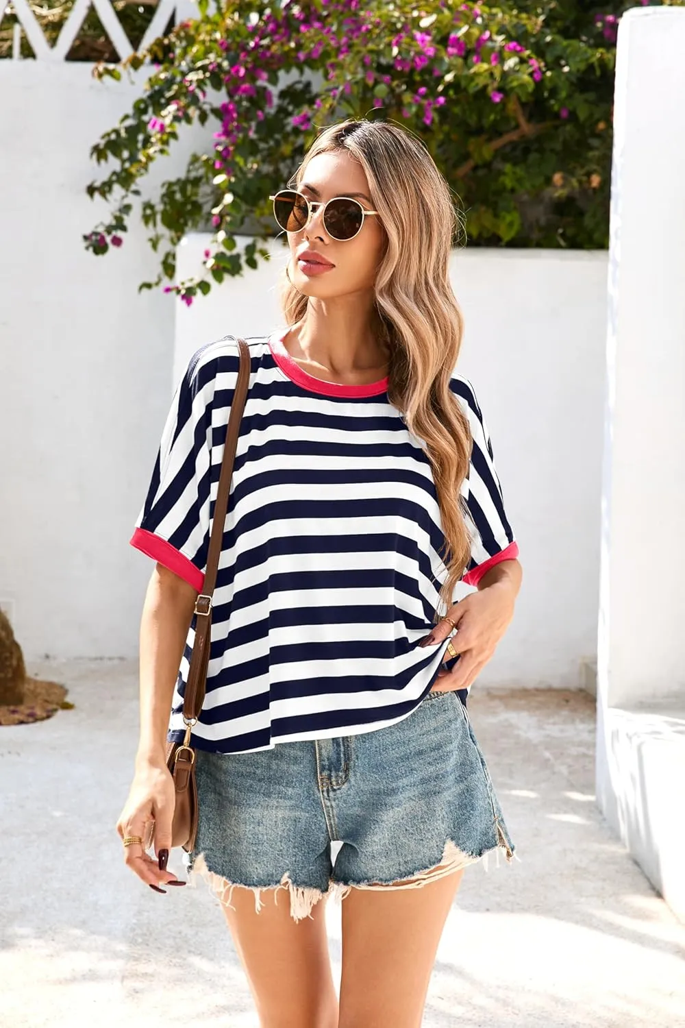 Iandroiy Tops for Women Striped 2025 Fashion T Shirts for Women Color Block Crewneck Design Loose Fit Basic Tee