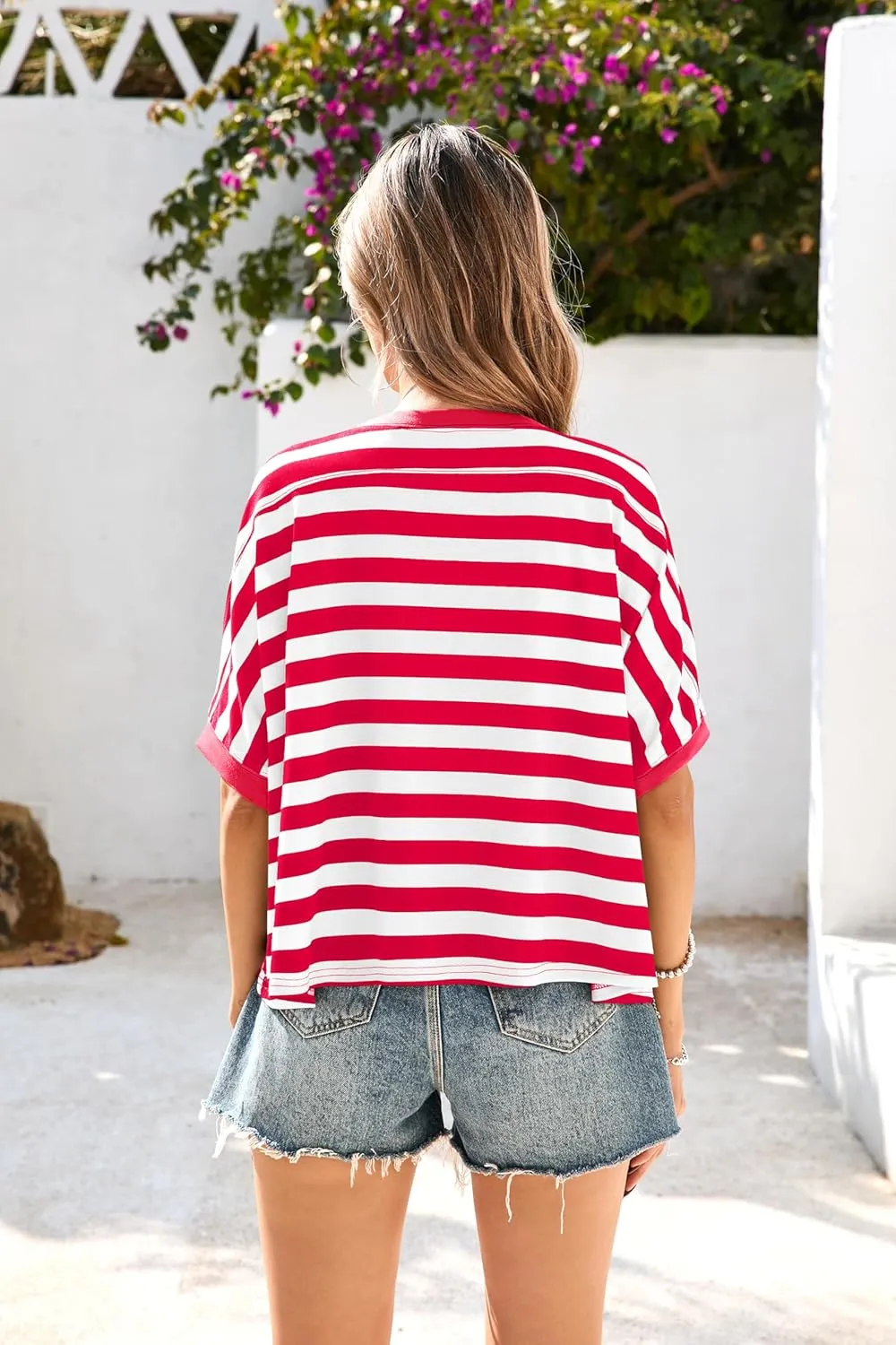 Iandroiy Tops for Women Striped 2025 Fashion T Shirts for Women Color Block Crewneck Design Loose Fit Basic Tee