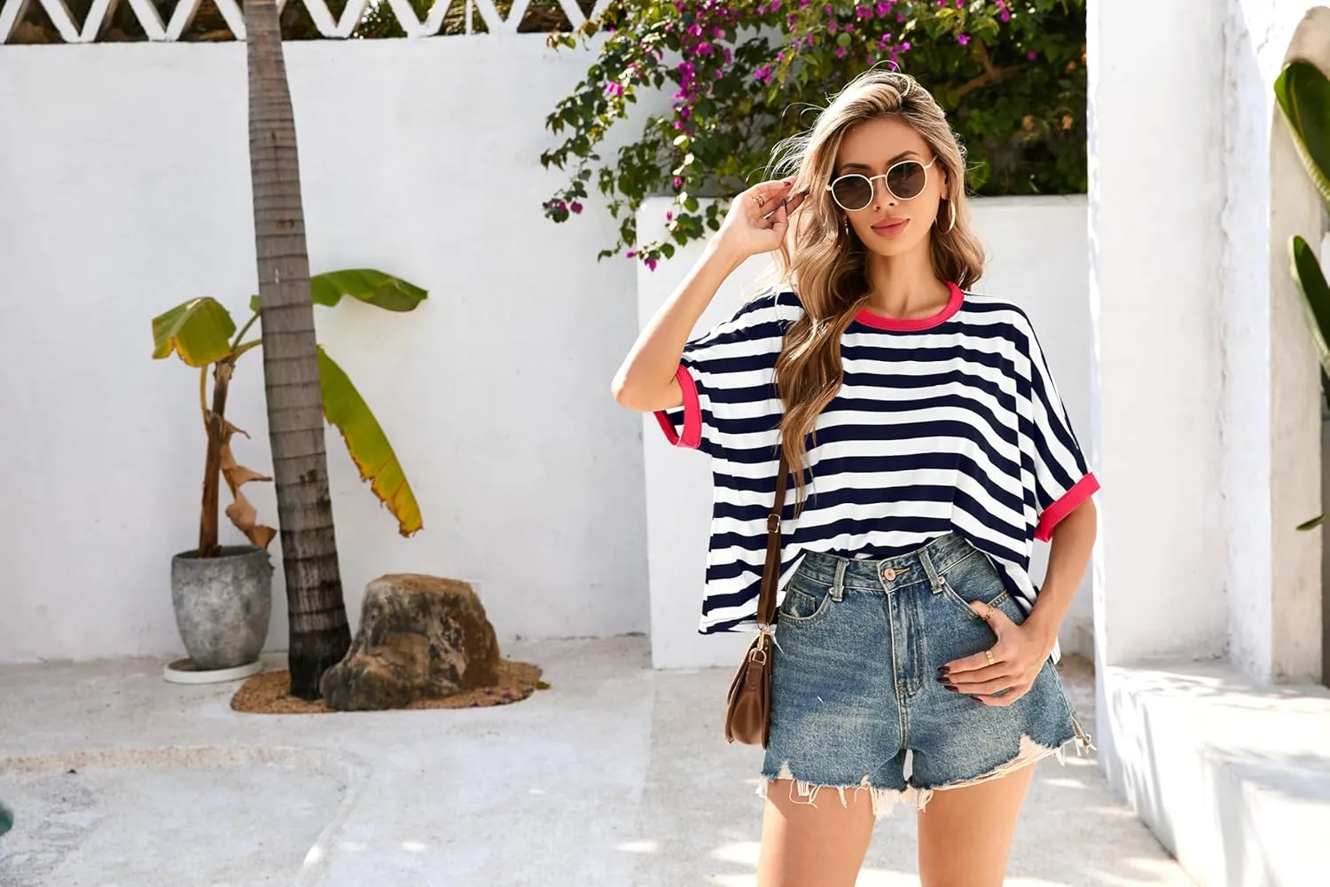 Iandroiy Tops for Women Striped 2025 Fashion T Shirts for Women Color Block Crewneck Design Loose Fit Basic Tee