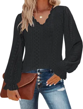 Kikula Womens Long Sleeve Blouse Eyelet Tops Dressy V Neck Puff Sleeve Shirts Tunic Tops for Leggings