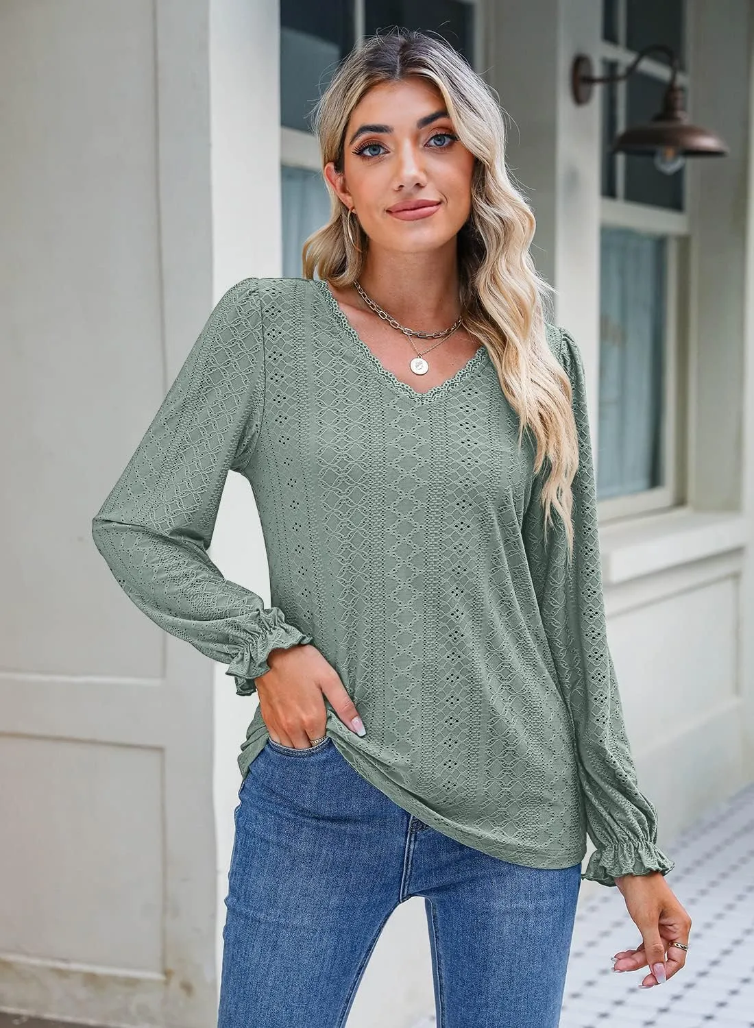 Kikula Womens Long Sleeve Blouse Eyelet Tops Dressy V Neck Puff Sleeve Shirts Tunic Tops for Leggings