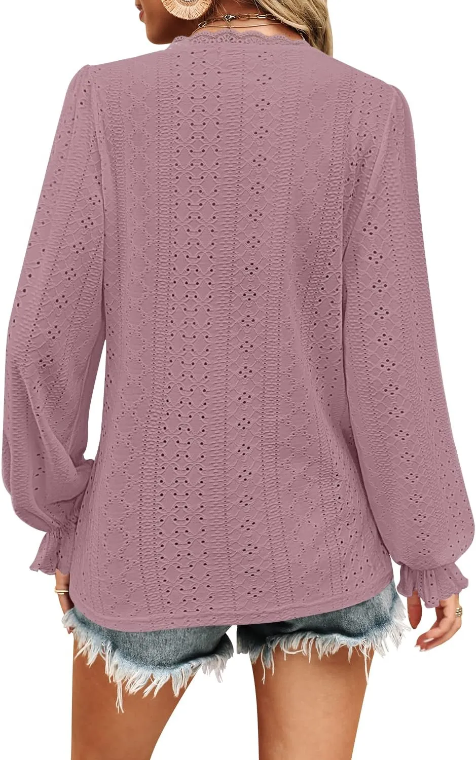Kikula Womens Long Sleeve Blouse Eyelet Tops Dressy V Neck Puff Sleeve Shirts Tunic Tops for Leggings