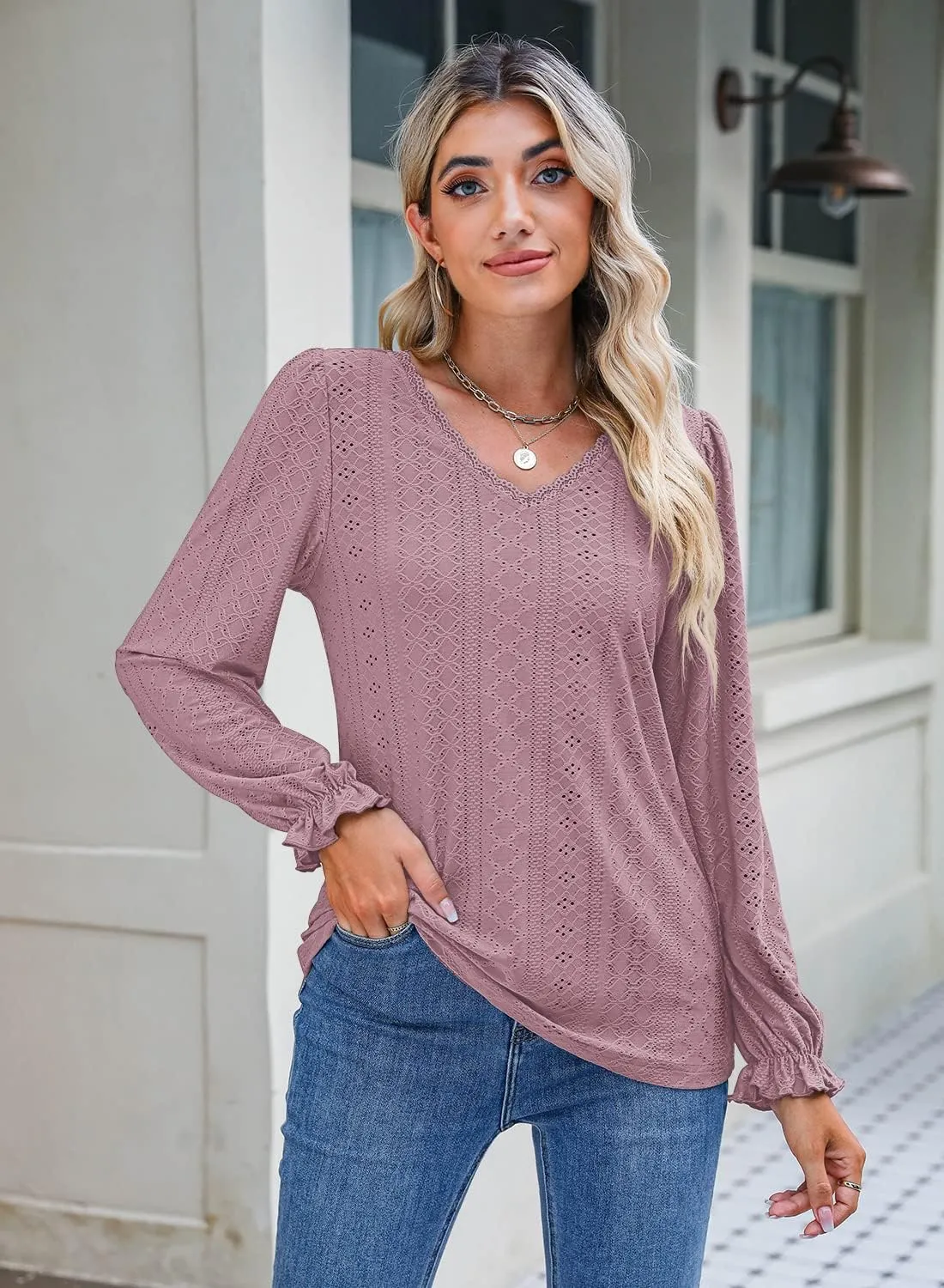 Kikula Womens Long Sleeve Blouse Eyelet Tops Dressy V Neck Puff Sleeve Shirts Tunic Tops for Leggings