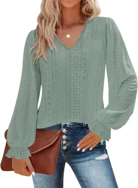 Kikula Womens Long Sleeve Blouse Eyelet Tops Dressy V Neck Puff Sleeve Shirts Tunic Tops for Leggings