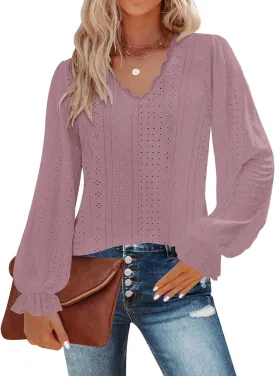 Kikula Womens Long Sleeve Blouse Eyelet Tops Dressy V Neck Puff Sleeve Shirts Tunic Tops for Leggings