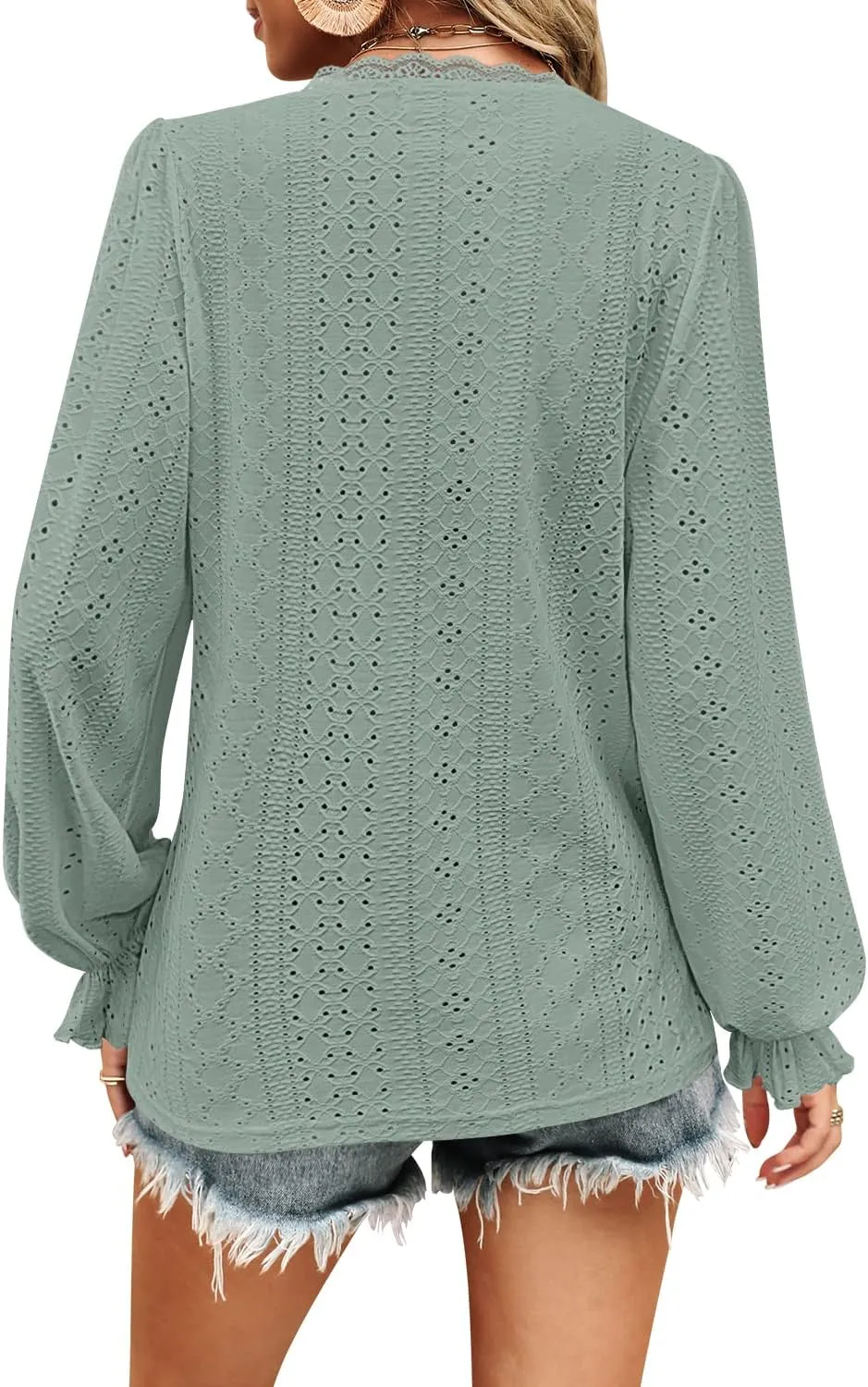 Kikula Womens Long Sleeve Blouse Eyelet Tops Dressy V Neck Puff Sleeve Shirts Tunic Tops for Leggings