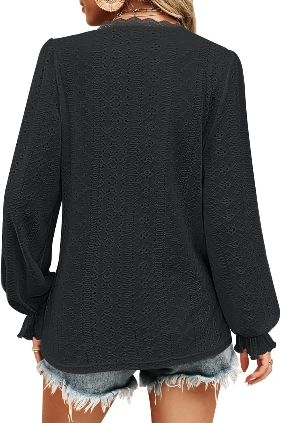 Kikula Womens Long Sleeve Blouse Eyelet Tops Dressy V Neck Puff Sleeve Shirts Tunic Tops for Leggings