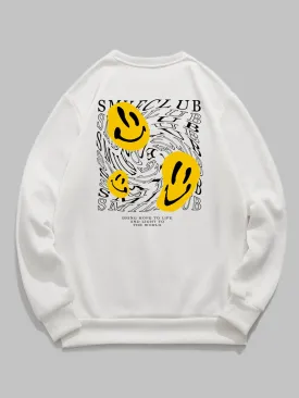 Men's Letter Smiley Face Print Casual Round Neck Pullover Sweatshirt