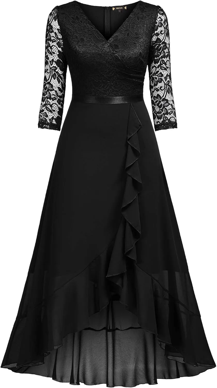 Miusol Women's V-Neck Floral Lace Classy Ruffle Design Wedding Party Maxi Dress