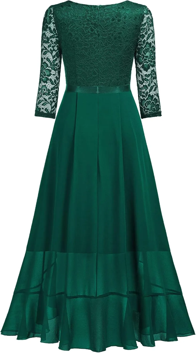 Miusol Women's V-Neck Floral Lace Classy Ruffle Design Wedding Party Maxi Dress