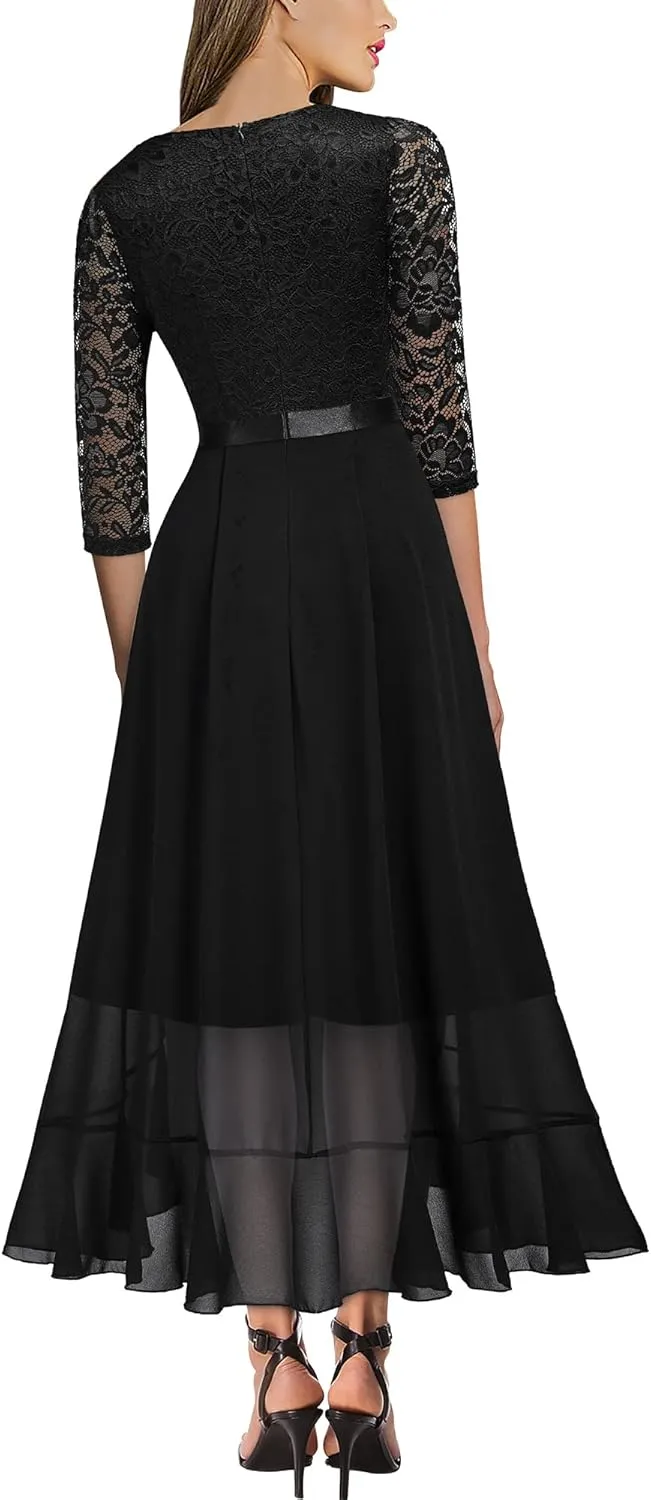 Miusol Women's V-Neck Floral Lace Classy Ruffle Design Wedding Party Maxi Dress