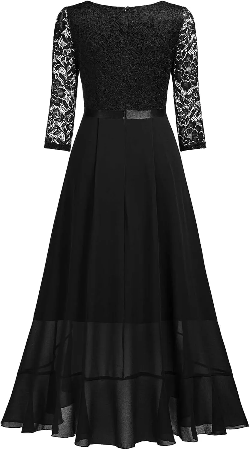 Miusol Women's V-Neck Floral Lace Classy Ruffle Design Wedding Party Maxi Dress