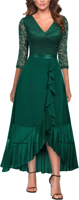 Miusol Women's V-Neck Floral Lace Classy Ruffle Design Wedding Party Maxi Dress