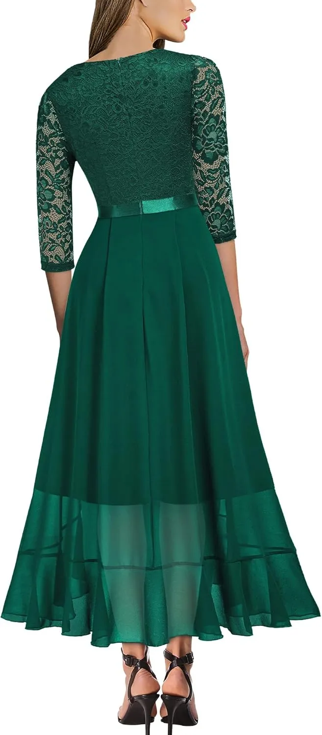 Miusol Women's V-Neck Floral Lace Classy Ruffle Design Wedding Party Maxi Dress