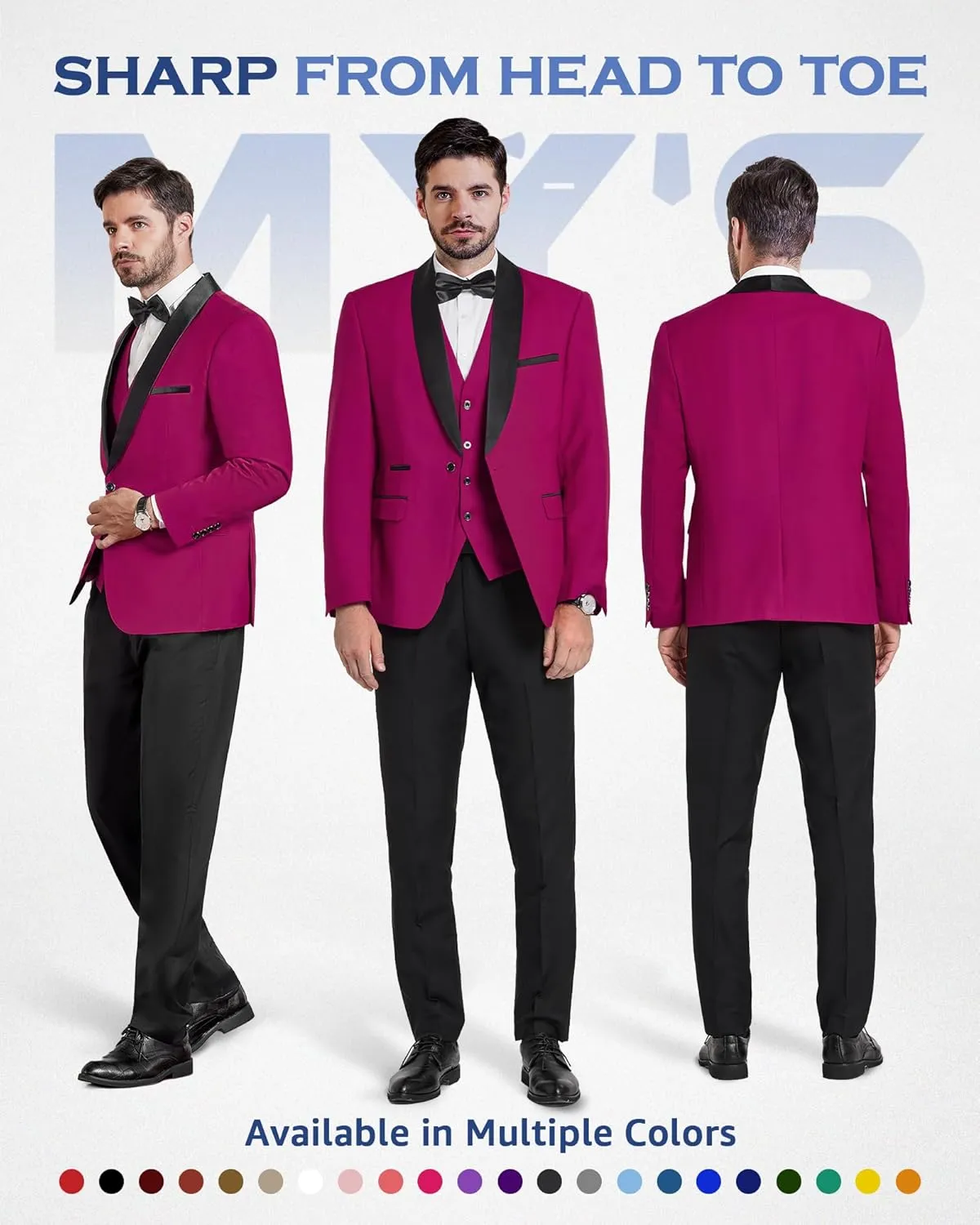 MY'S Mens 3-Piece Suit Shawl Lapel One Button Tuxedo Winter Fabric Slim Fit Dinner Jacket Vest Pants & Tie Set