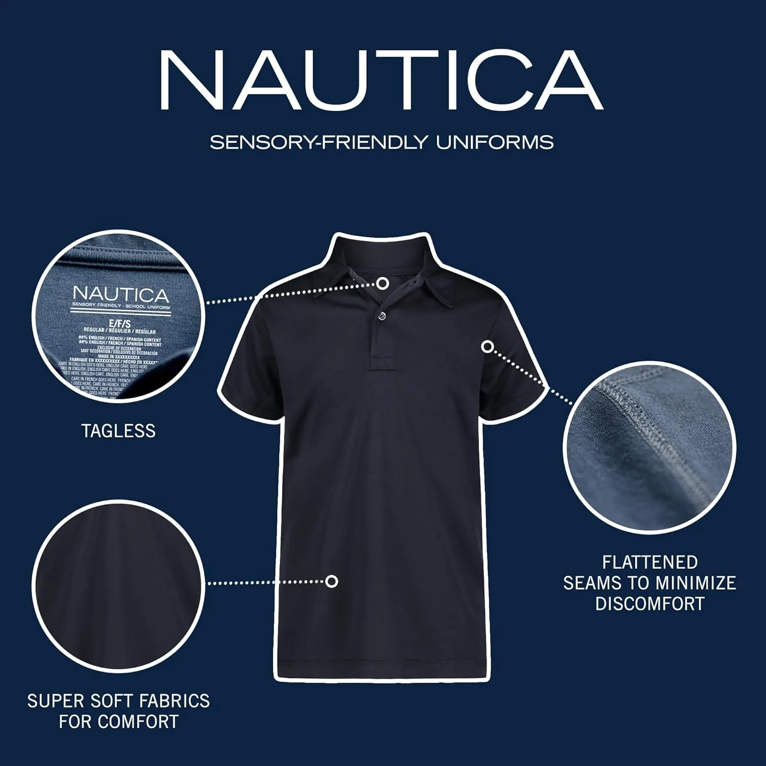 Nautica Boys' School Uniform Sensory-Friendly Short Sleeve Polo Shirt, Button Closure, Moisture Wicking Performance Material
