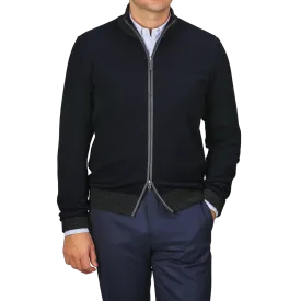 Navy Blue Wool Cashmere Zip Cardigan