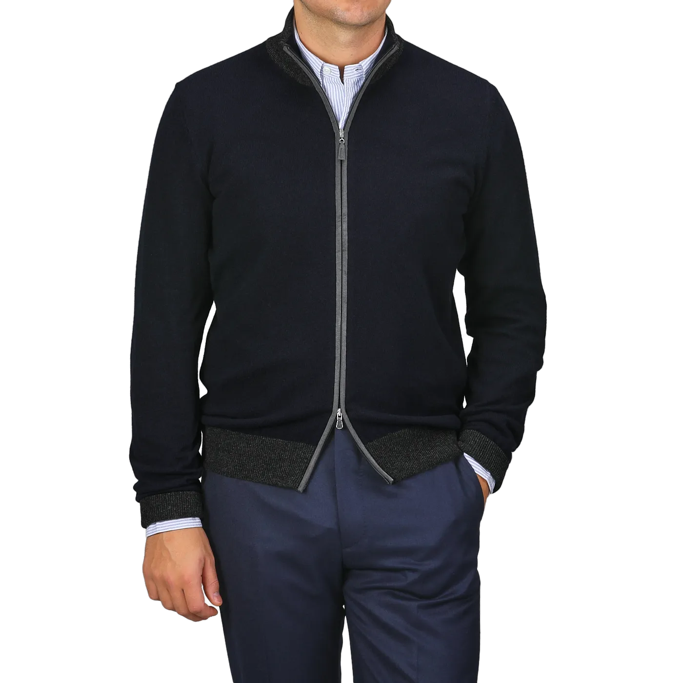 Navy Blue Wool Cashmere Zip Cardigan