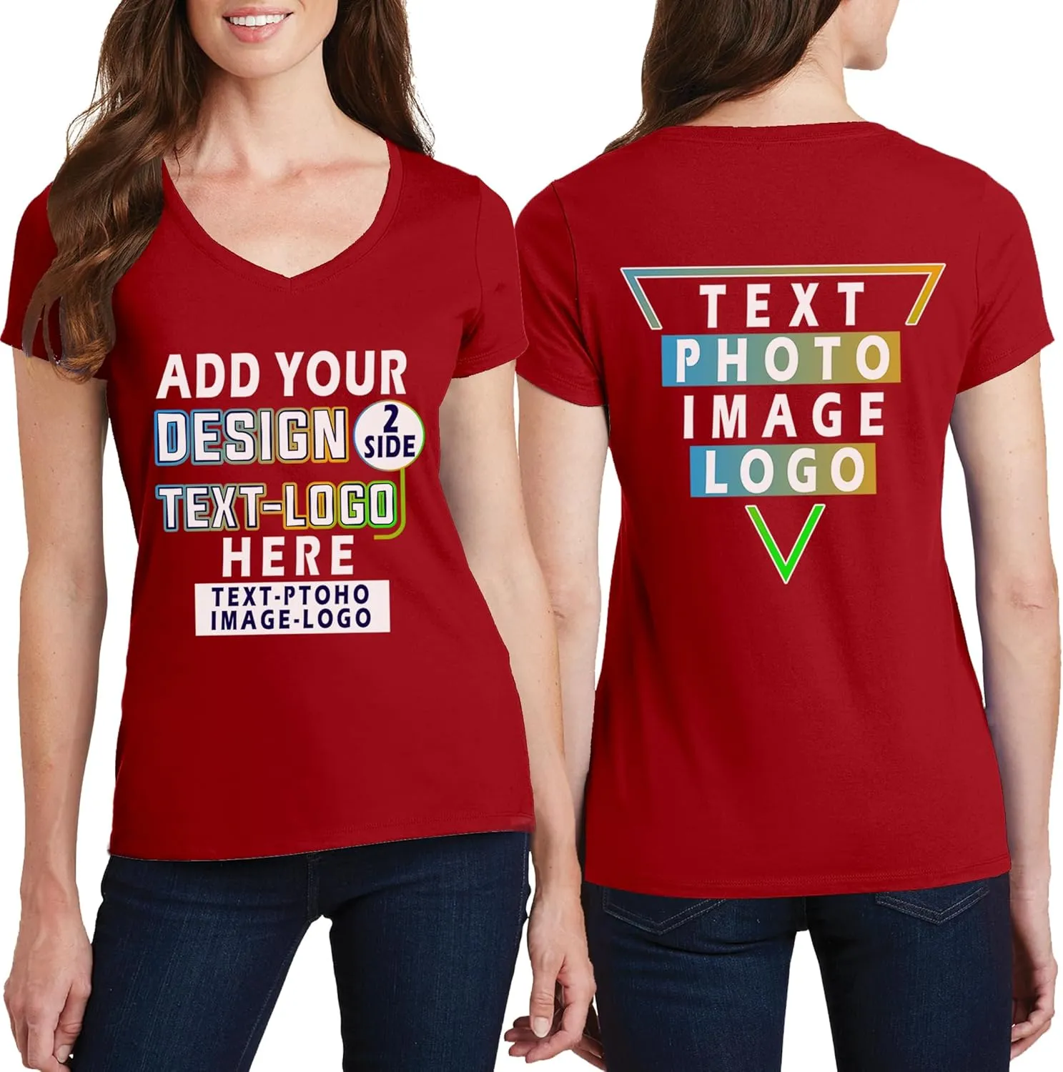Personalized T-Shirts for Women Design Your Own Add Picture Photo Text Front Back Side Custom V Neck Shirts