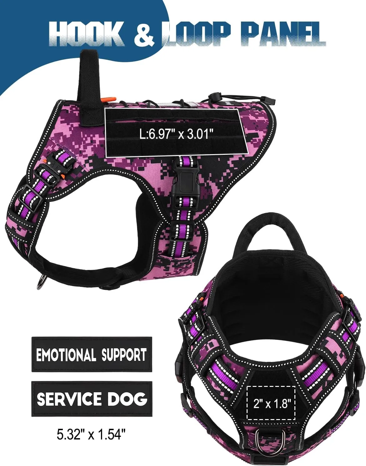 PETNANNY Tactical Dog Harness Reflective with ID Card,Service Dog Vest Harness for Medium Large Dogs,Emotional Support Vest with Padded Handle2 Reflective Patches for Training HuntingPurple Camo,L