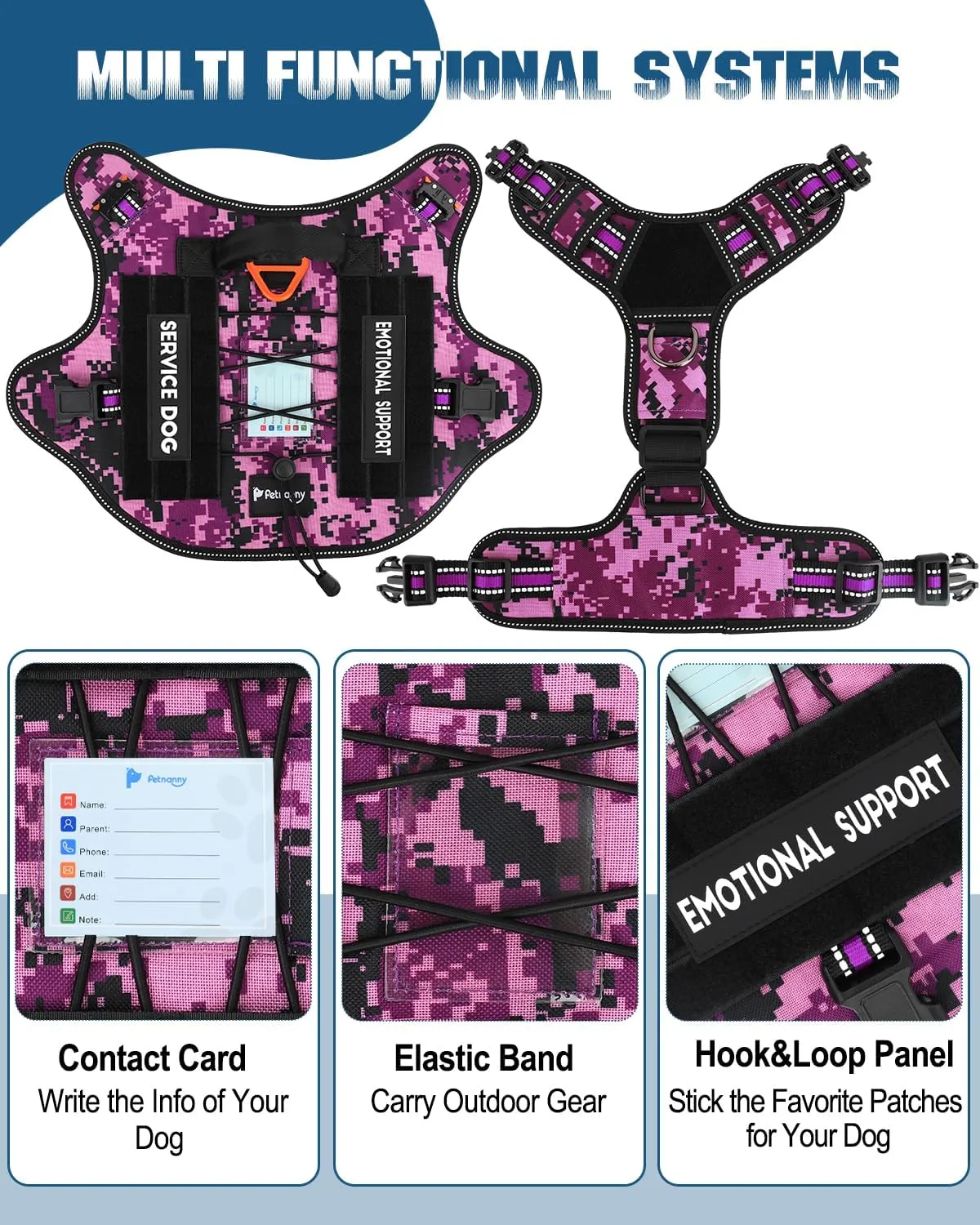 PETNANNY Tactical Dog Harness Reflective with ID Card,Service Dog Vest Harness for Medium Large Dogs,Emotional Support Vest with Padded Handle2 Reflective Patches for Training HuntingPurple Camo,L