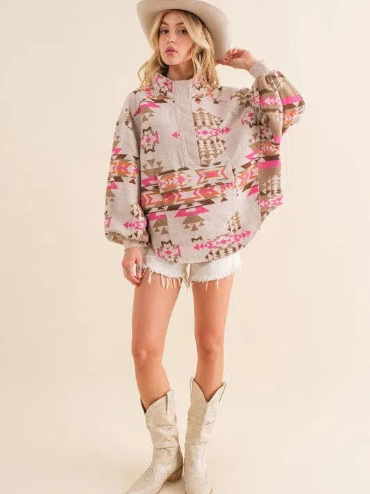 Pink Skies and Warm Vibes Aztec Western Pullover Sweater