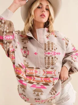 Pink Skies and Warm Vibes Aztec Western Pullover Sweater