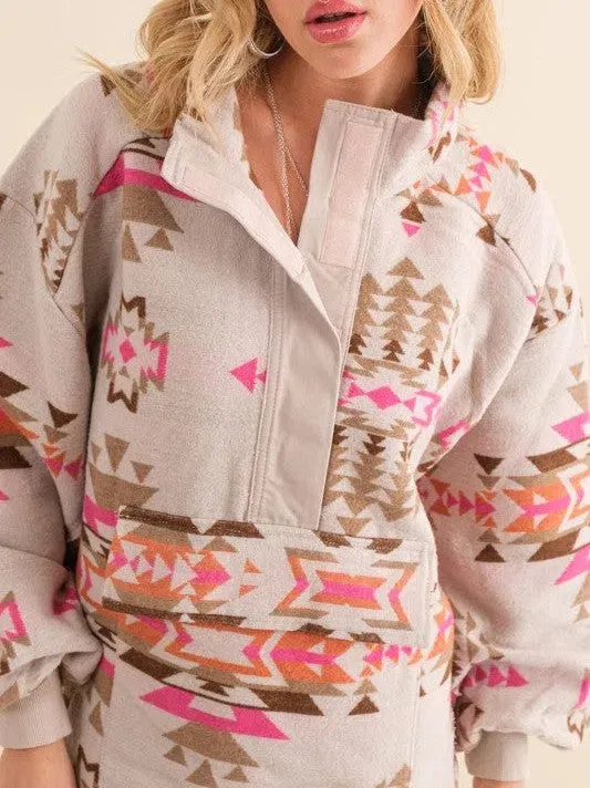 Pink Skies and Warm Vibes Aztec Western Pullover Sweater