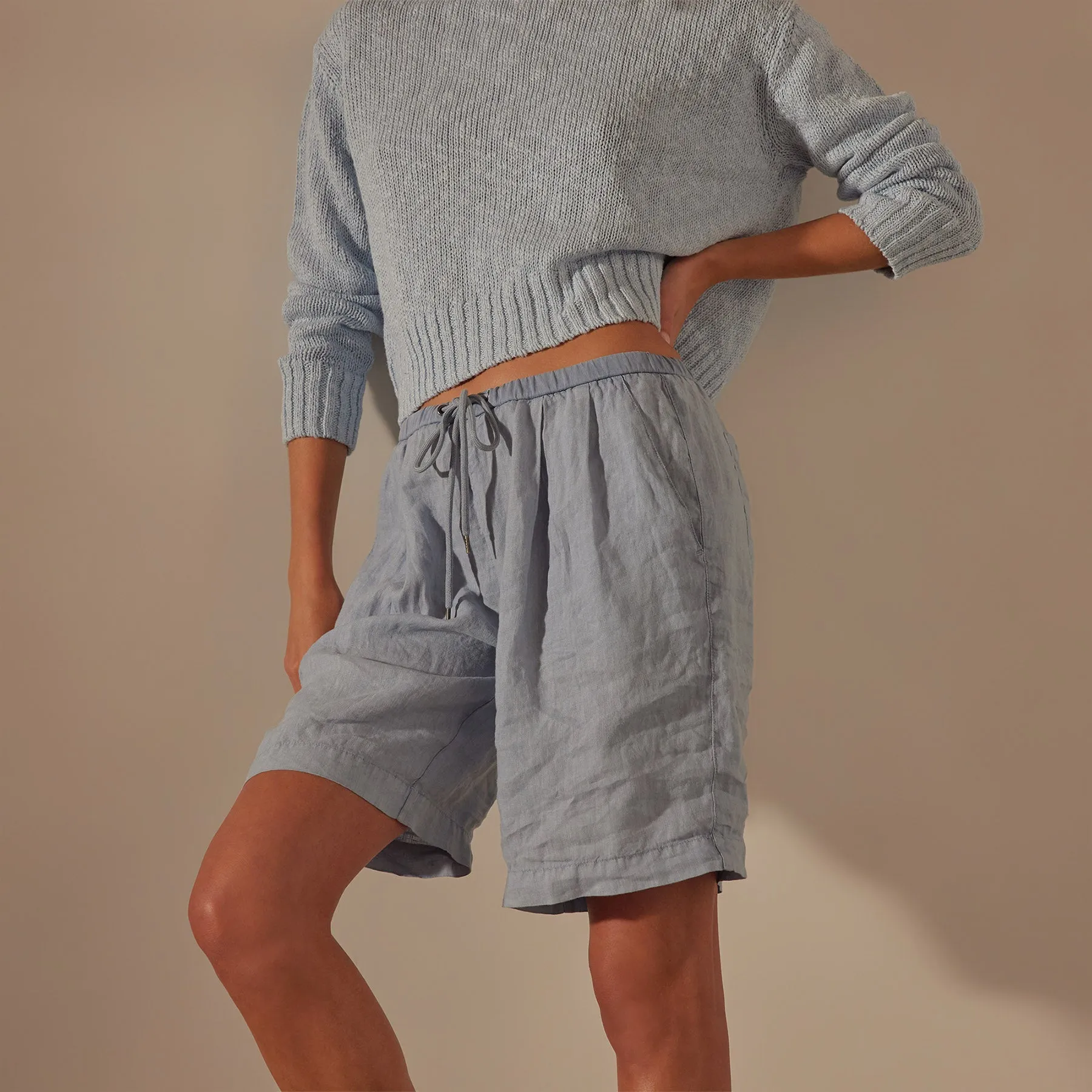 Pleated Linen Bermuda Short - Open Sky Pigment