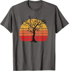 Retro Sun Minimalist Leafless Tree Design Graphic T-Shirt