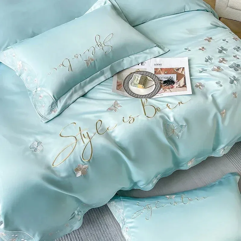 SINOTAO  -  Fresh 120 Cotton Four-Piece Set Girl's Heart Butterfly Embroidered Cotton Quilt Cover Fitted Sheet Bare Sleeping Bedding