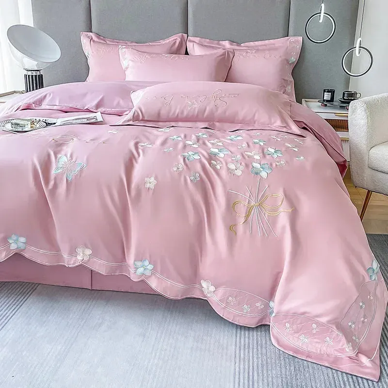 SINOTAO  -  Fresh 120 Cotton Four-Piece Set Girl's Heart Butterfly Embroidered Cotton Quilt Cover Fitted Sheet Bare Sleeping Bedding