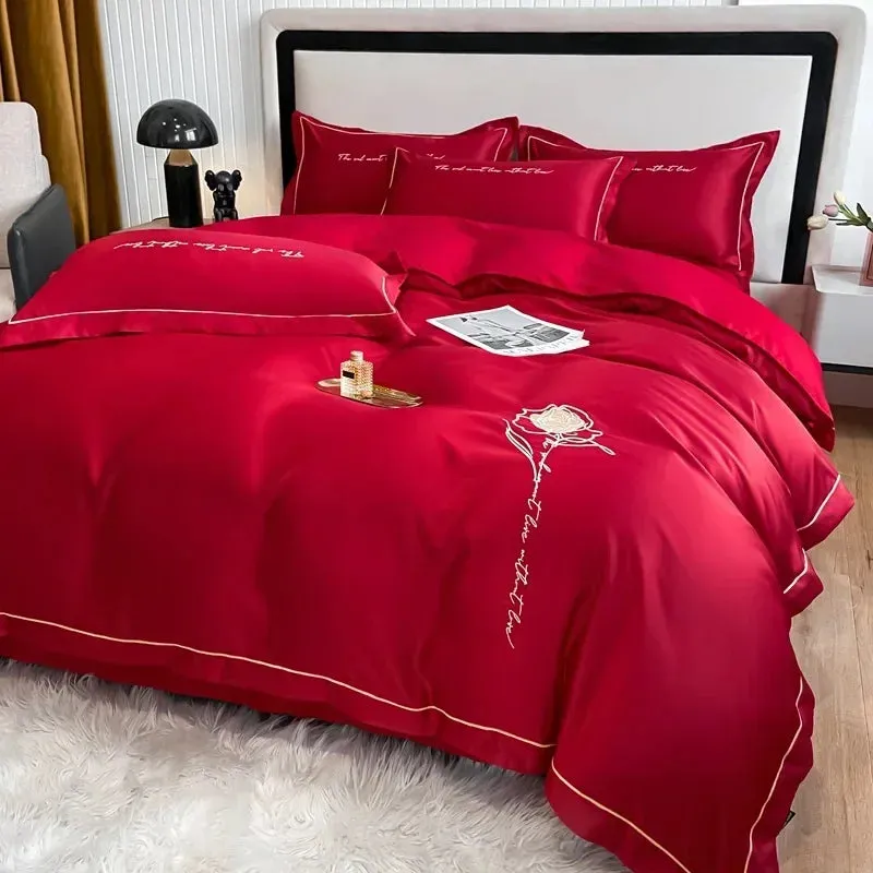 SINOTAO  -  Fresh 120 Cotton Four-Piece Set Girl's Heart Butterfly Embroidered Cotton Quilt Cover Fitted Sheet Bare Sleeping Bedding