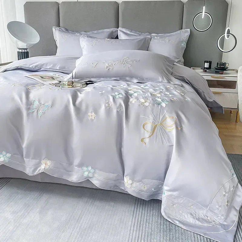 SINOTAO  -  Fresh 120 Cotton Four-Piece Set Girl's Heart Butterfly Embroidered Cotton Quilt Cover Fitted Sheet Bare Sleeping Bedding