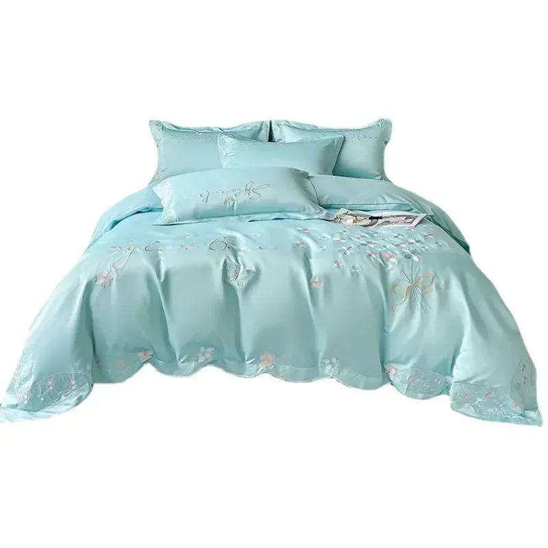 SINOTAO  -  Fresh 120 Cotton Four-Piece Set Girl's Heart Butterfly Embroidered Cotton Quilt Cover Fitted Sheet Bare Sleeping Bedding