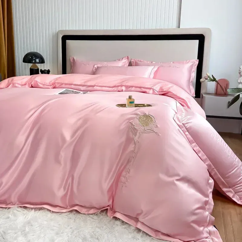 SINOTAO  -  Fresh 120 Cotton Four-Piece Set Girl's Heart Butterfly Embroidered Cotton Quilt Cover Fitted Sheet Bare Sleeping Bedding