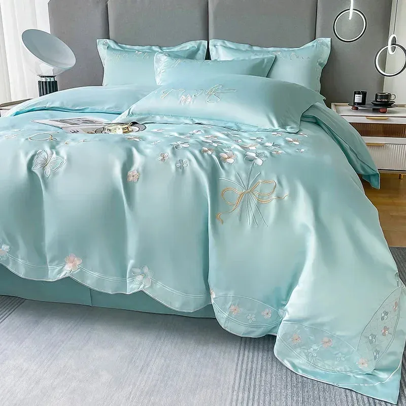 SINOTAO  -  Fresh 120 Cotton Four-Piece Set Girl's Heart Butterfly Embroidered Cotton Quilt Cover Fitted Sheet Bare Sleeping Bedding