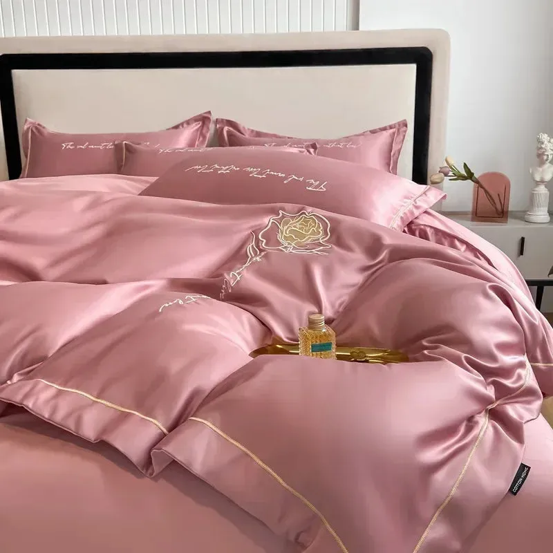 SINOTAO  -  Fresh 120 Cotton Four-Piece Set Girl's Heart Butterfly Embroidered Cotton Quilt Cover Fitted Sheet Bare Sleeping Bedding