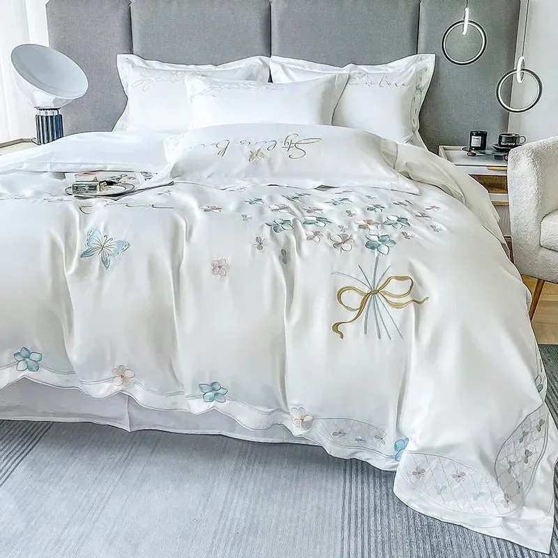 SINOTAO  -  Fresh 120 Cotton Four-Piece Set Girl's Heart Butterfly Embroidered Cotton Quilt Cover Fitted Sheet Bare Sleeping Bedding