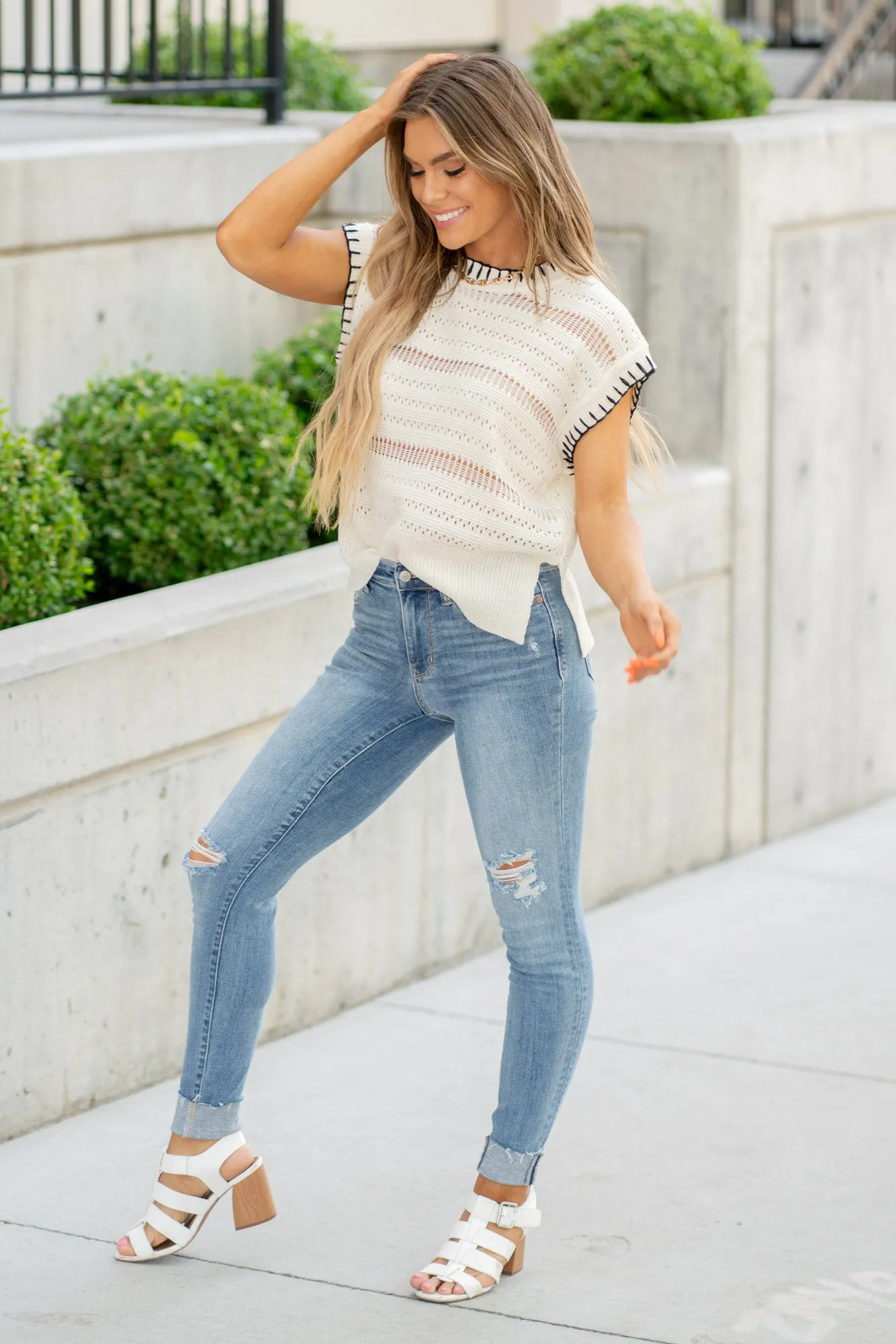 Stitch Edge Pointelle Side Slit Sweater Vest