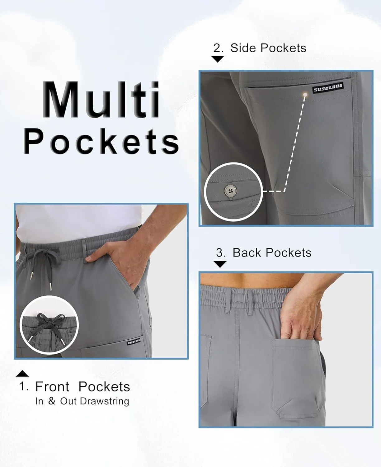 Susclude Cargo Pants for Men Summer Drawsting Casual Pants Lightweight Elastic Stretch Waist Durable Multipants with Pockets