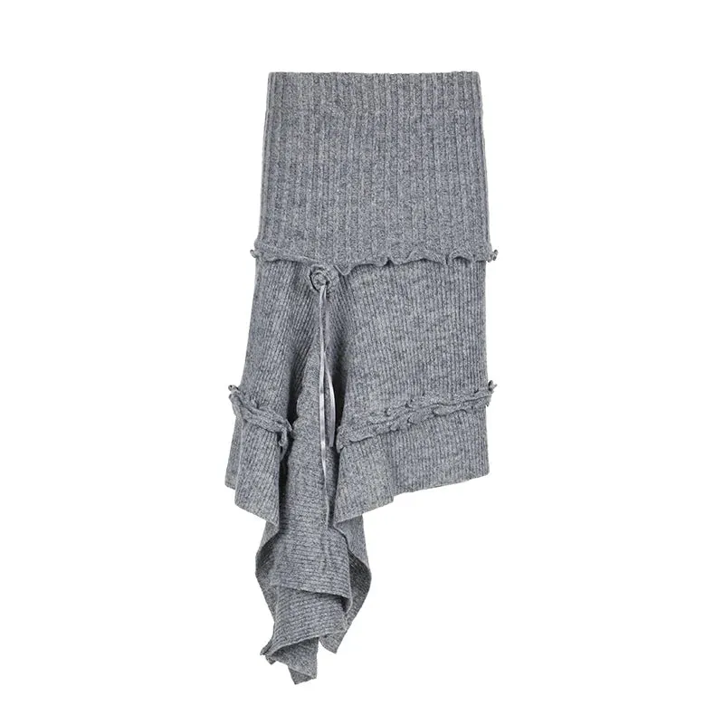 TAVIMART  -  Stylish Chic Asymmetrical Hem Gray Knit Skirt Fashion Streetwear Y2K Women Grunge Style Long Skirt Winter Knitwear