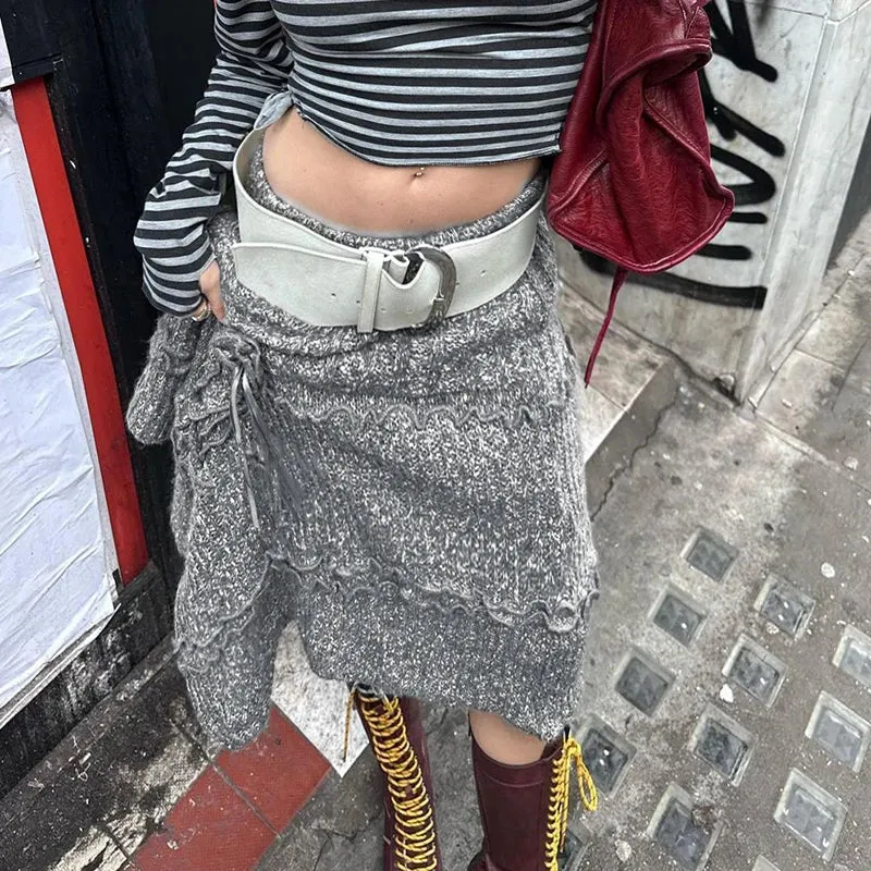 TAVIMART  -  Stylish Chic Asymmetrical Hem Gray Knit Skirt Fashion Streetwear Y2K Women Grunge Style Long Skirt Winter Knitwear