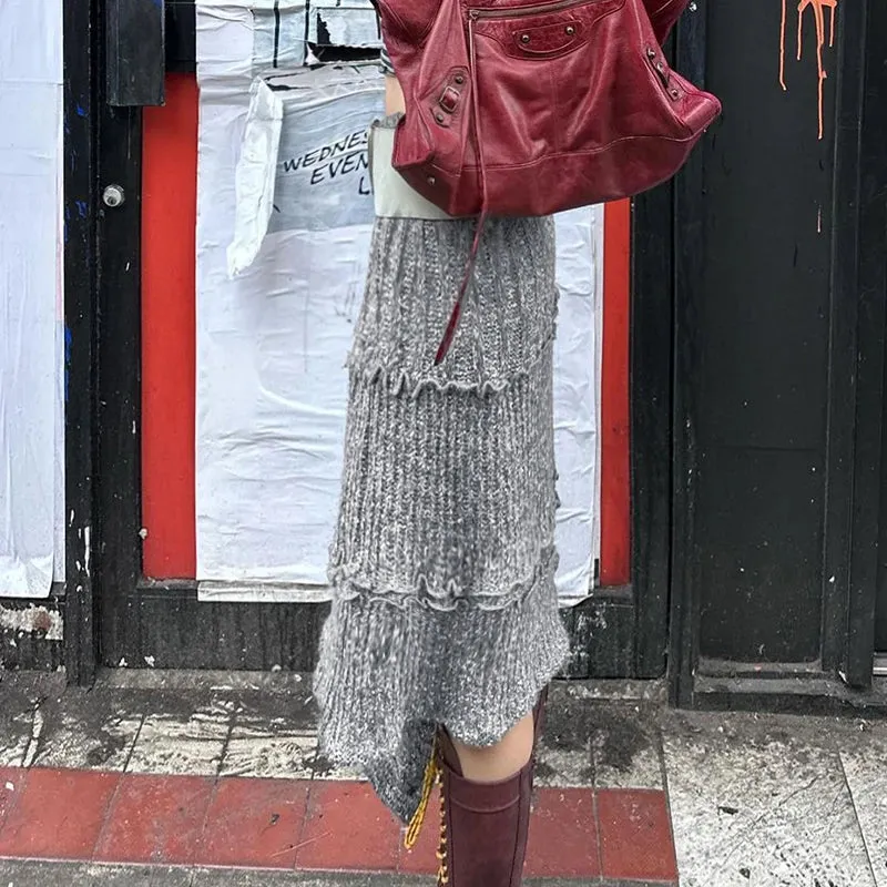 TAVIMART  -  Stylish Chic Asymmetrical Hem Gray Knit Skirt Fashion Streetwear Y2K Women Grunge Style Long Skirt Winter Knitwear