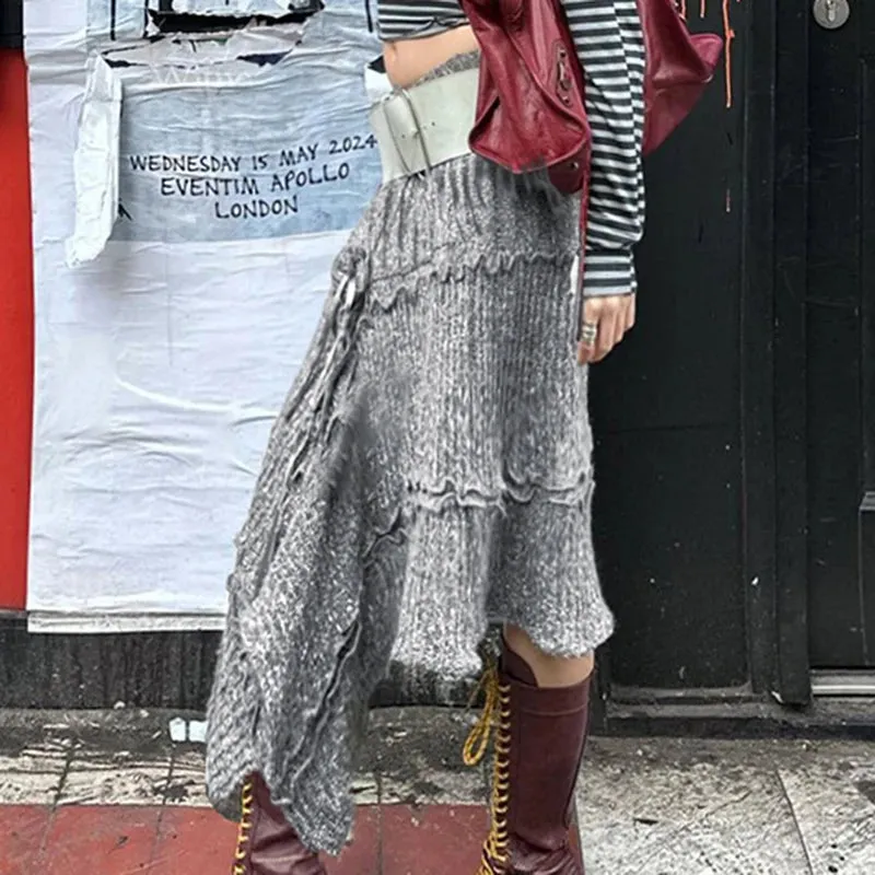 TAVIMART  -  Stylish Chic Asymmetrical Hem Gray Knit Skirt Fashion Streetwear Y2K Women Grunge Style Long Skirt Winter Knitwear
