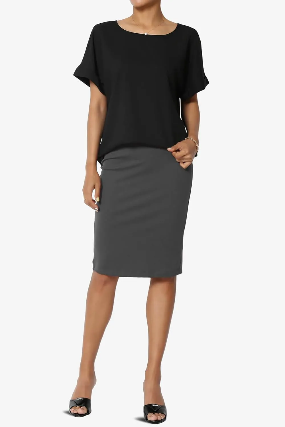 TheMogan Women's Versatile Elastic High Waist Soft Knit Bodycon Pencil Knee Midi Skirt