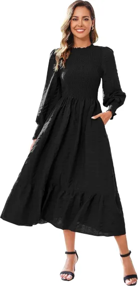 VintageClothing Women's 2023 Casual Fall Midi Dresses Long Sleeve Crew Neck Smocked Flowy Tiered Long Dress with Pockets
